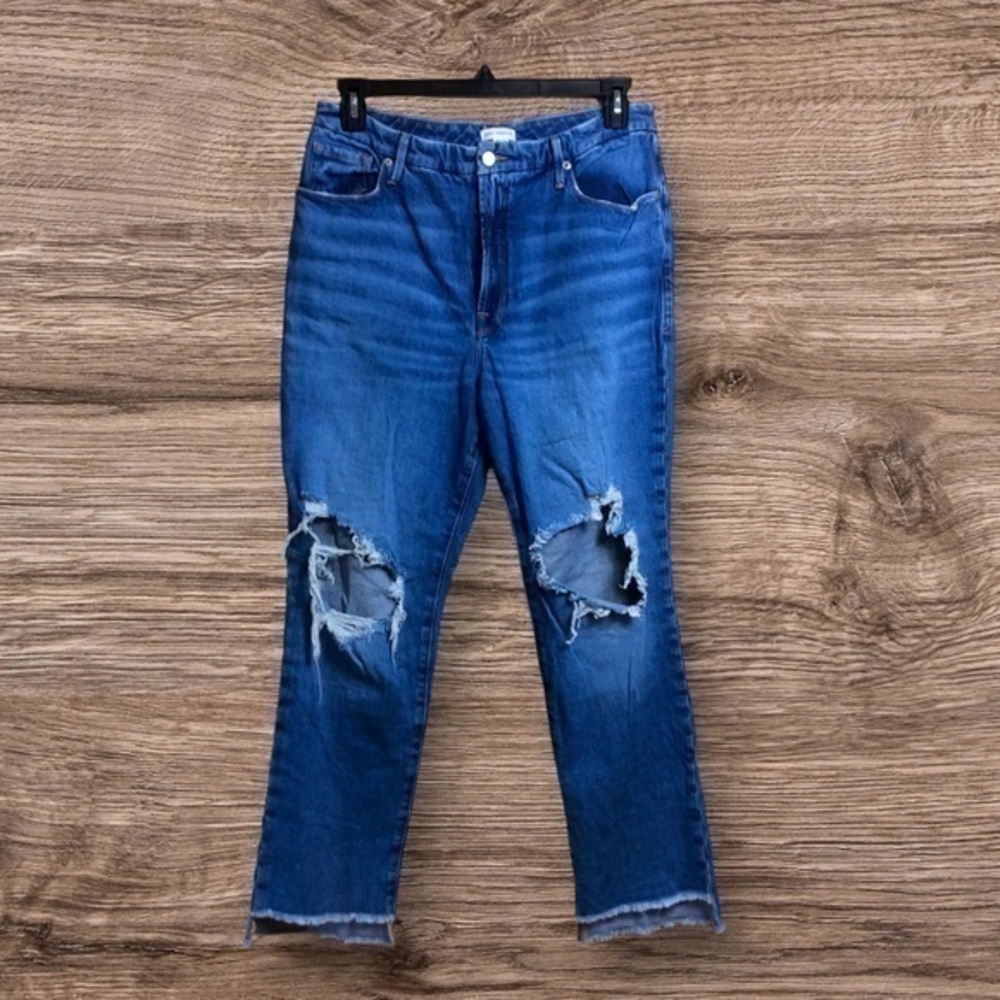 Good American distressed/destroyed stretch frayed him jeans. 14/32.